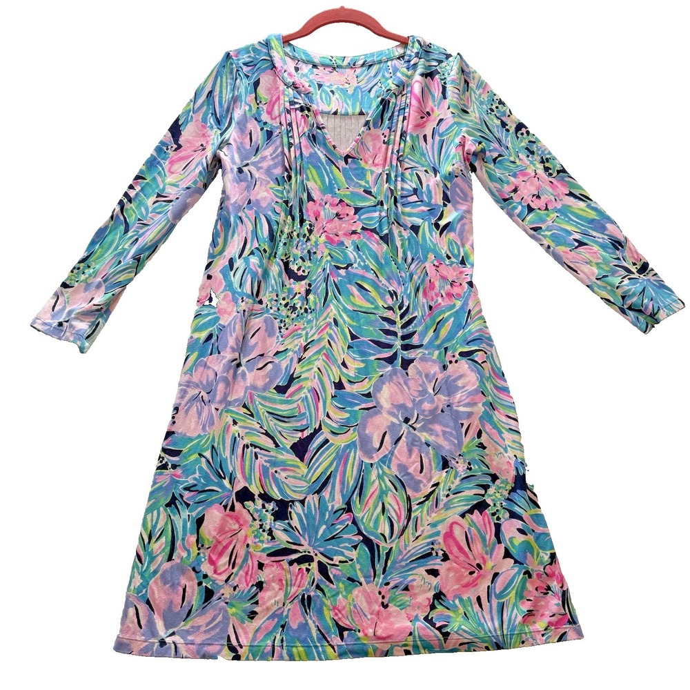 LILLY PULITZER Aubrey UPF 50+ Dress Womens XS Multi Floral Tropical Pleated